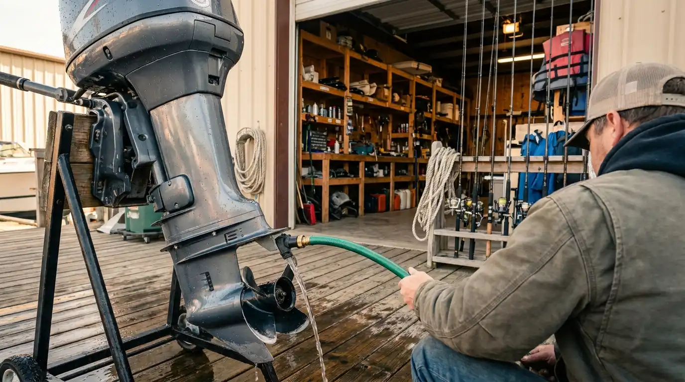 Freshwater flushing a boat engine at the dock
