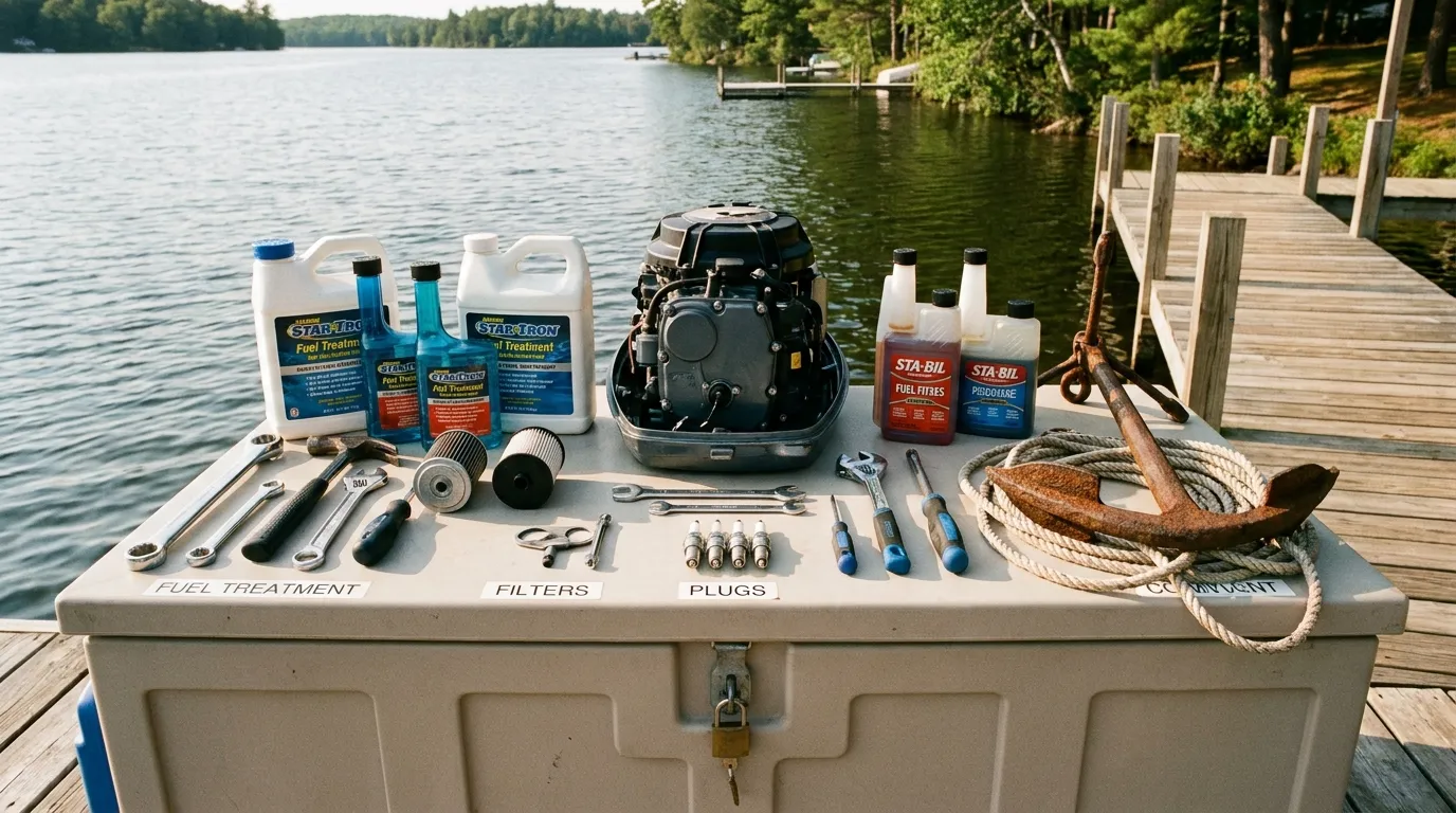 Fuel treatment bottles and marine maintenance tools beside boat engine