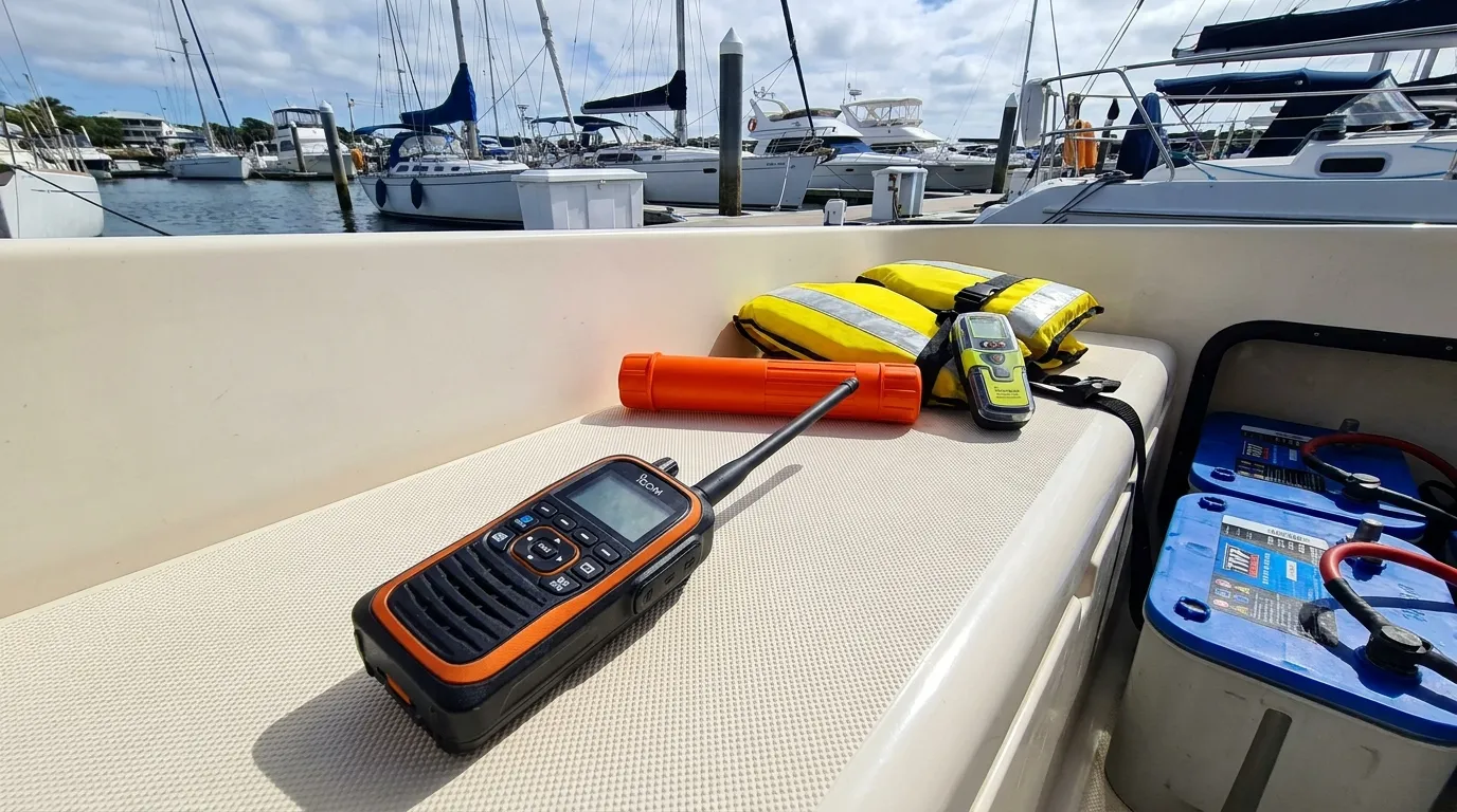 Handheld floating VHF radio on a boat seat
