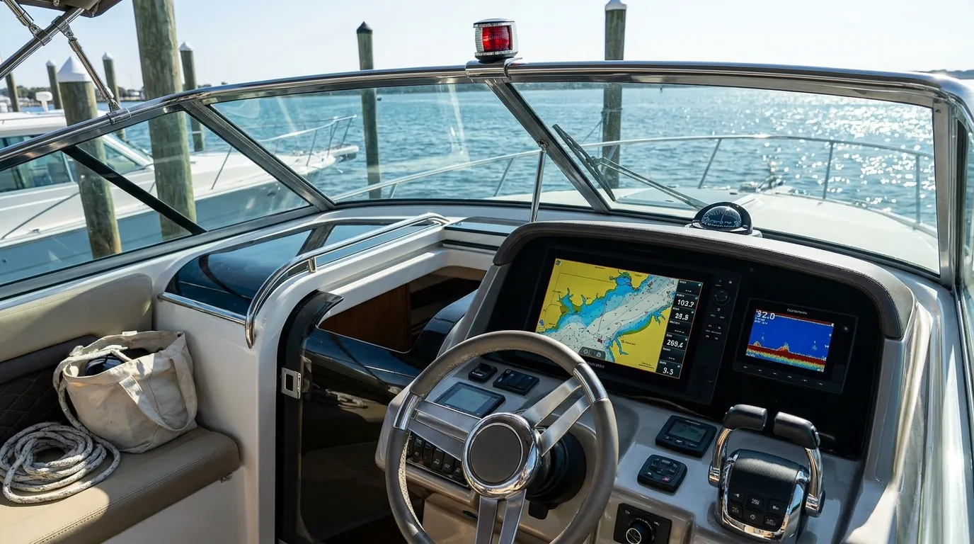 Helm with modern chartplotter and sonar display