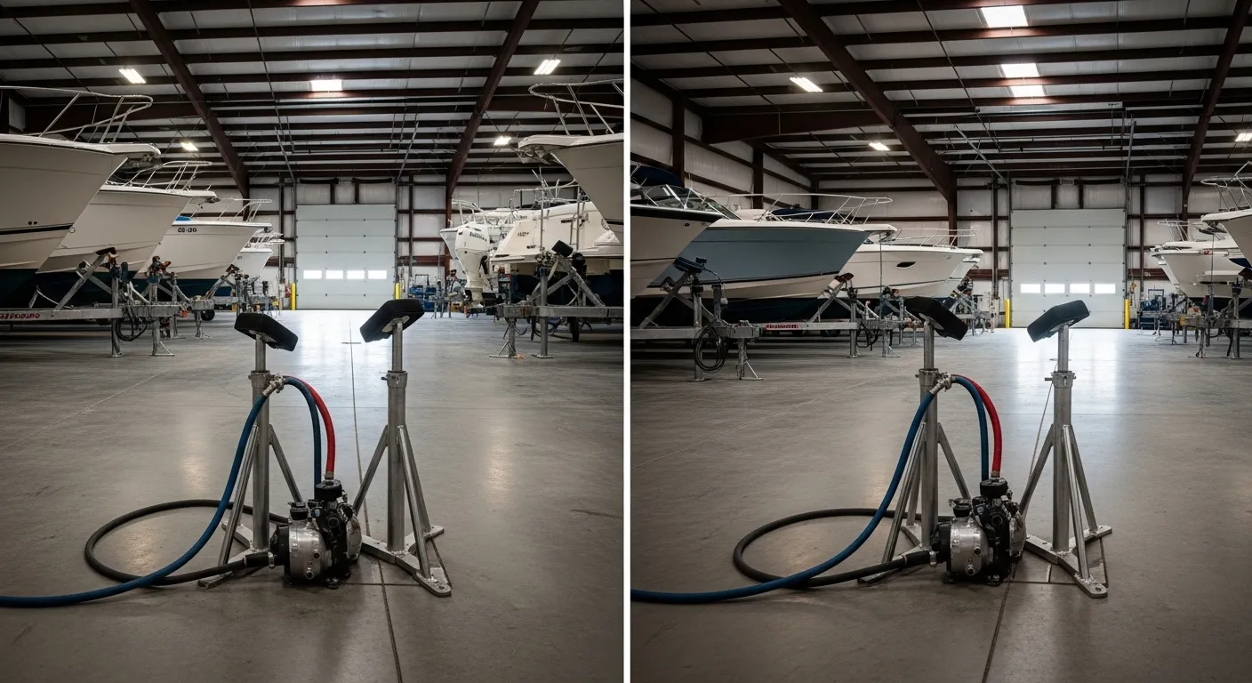 Indoor boat storage building with wide aisles and organized rows