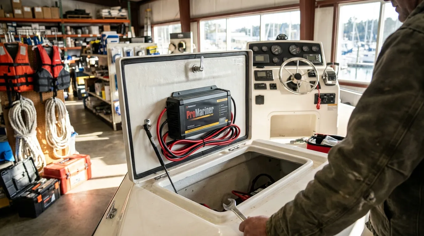 Installed onboard charger in a boat battery compartment