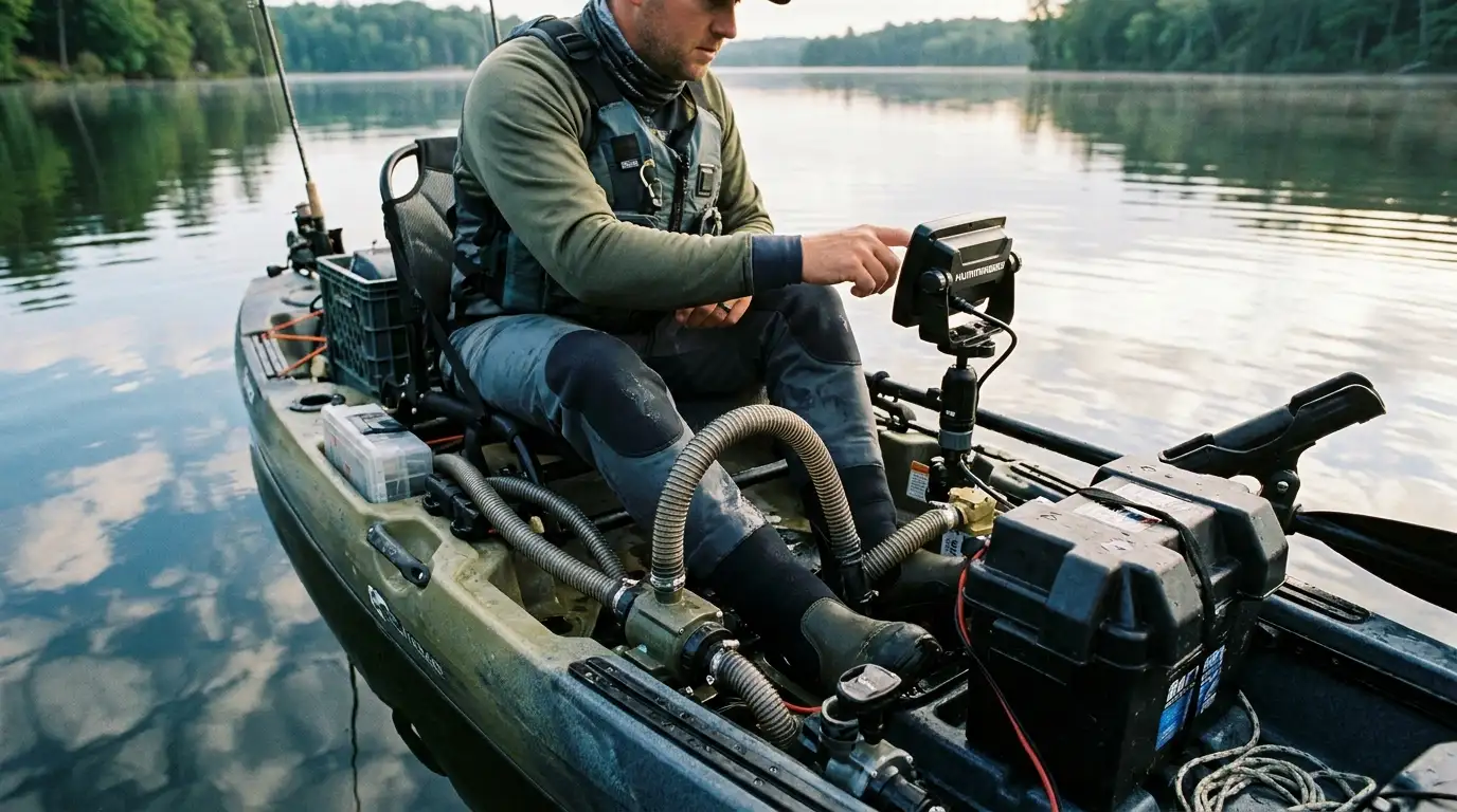 Kayak angler using a compact fish finder on calm freshwater