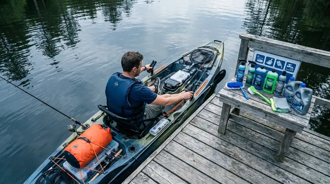 Kayak angler with compact safety gear and dry bag on calm lake water