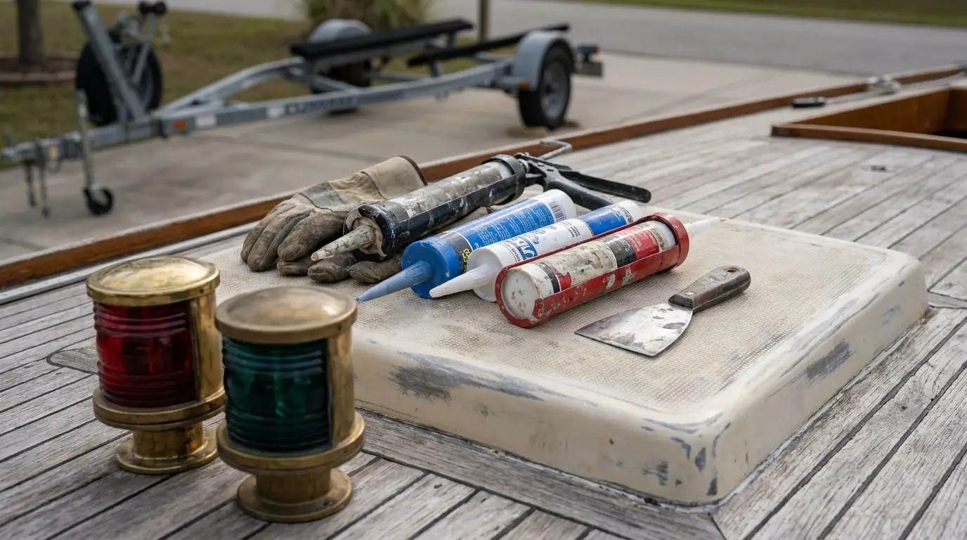 Marine adhesive tubes and boat repair tools on a fiberglass deck