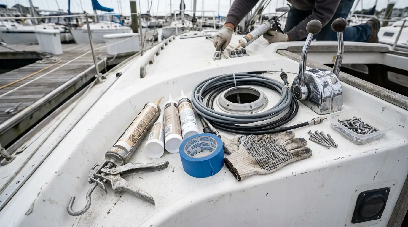 Marine adhesive tubes and repair tools on a boat deck