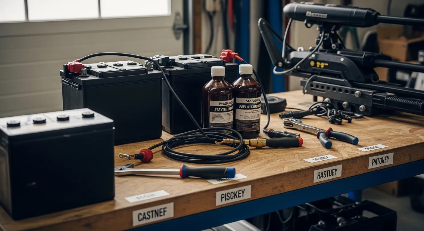 Marine batteries and fuel stabilizer on a workbench