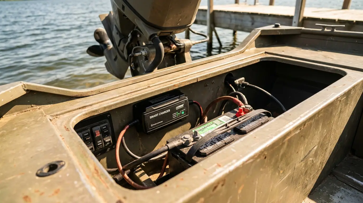 Marine battery and onboard charger installed in a fishing boat compartment