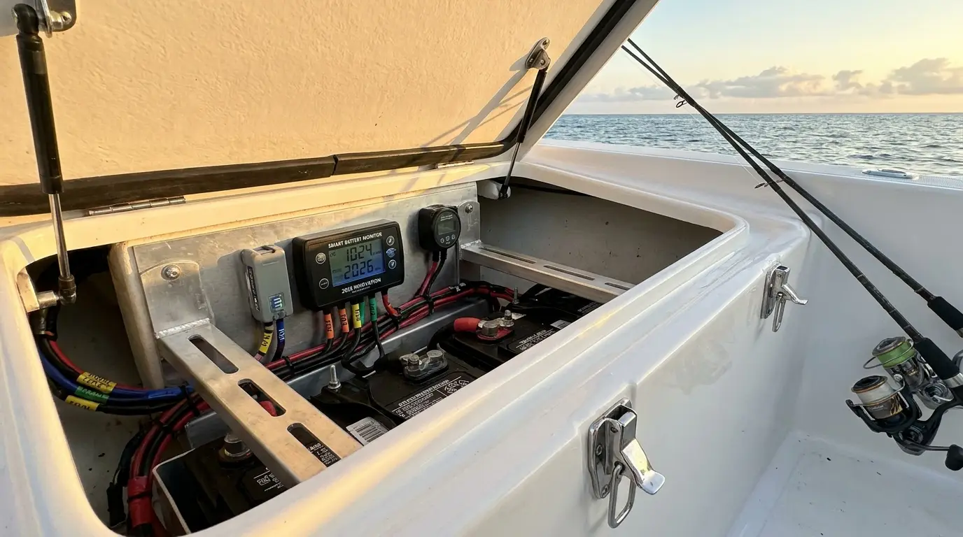 Marine battery bank with smart charging system on a boat