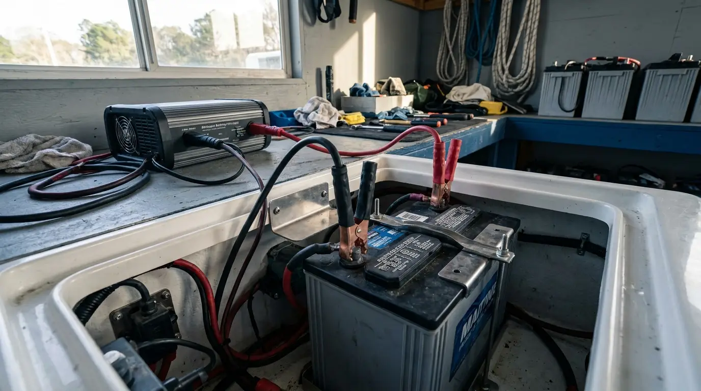 Marine battery charger connected in a clean boat compartment
