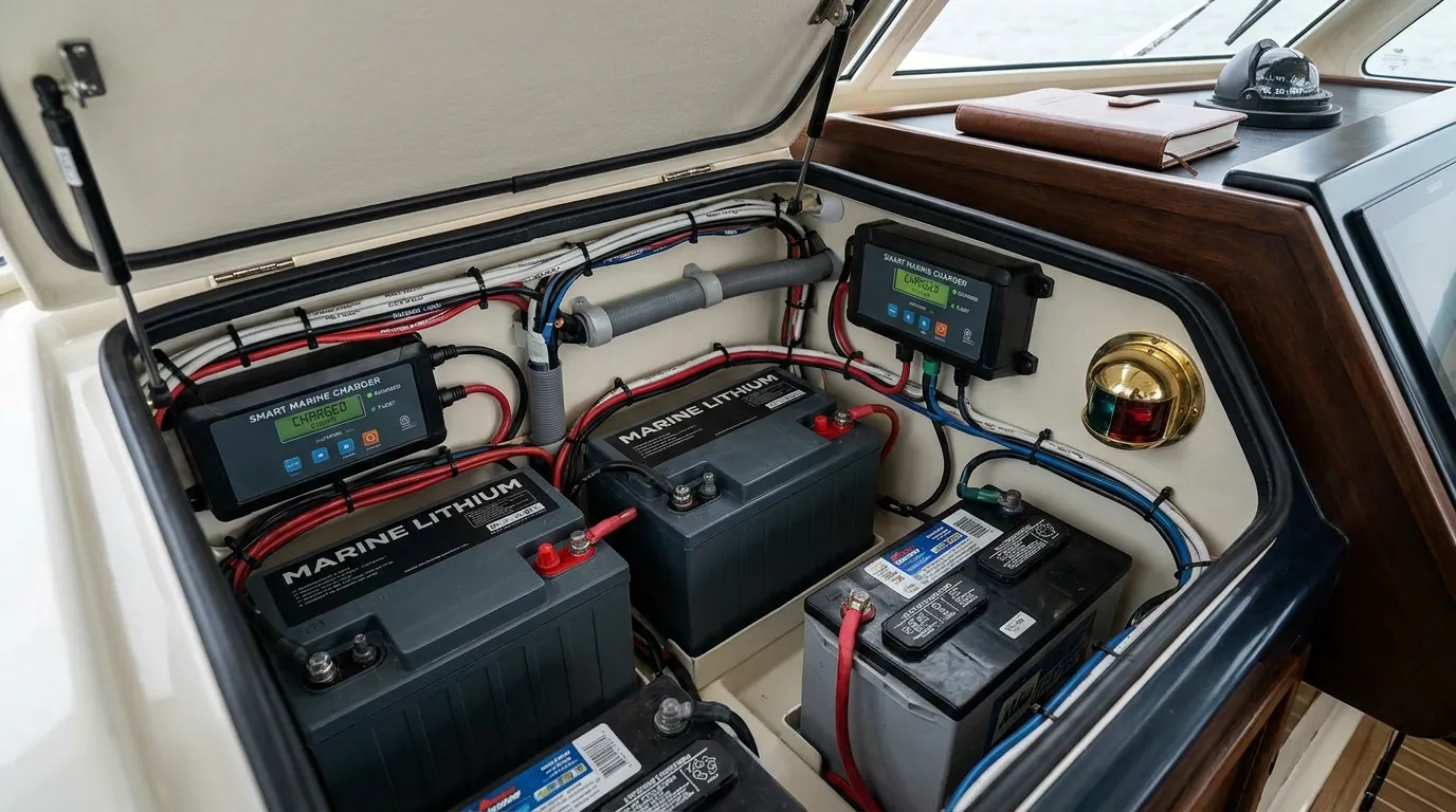 Marine battery charging setup in a modern fishing boat