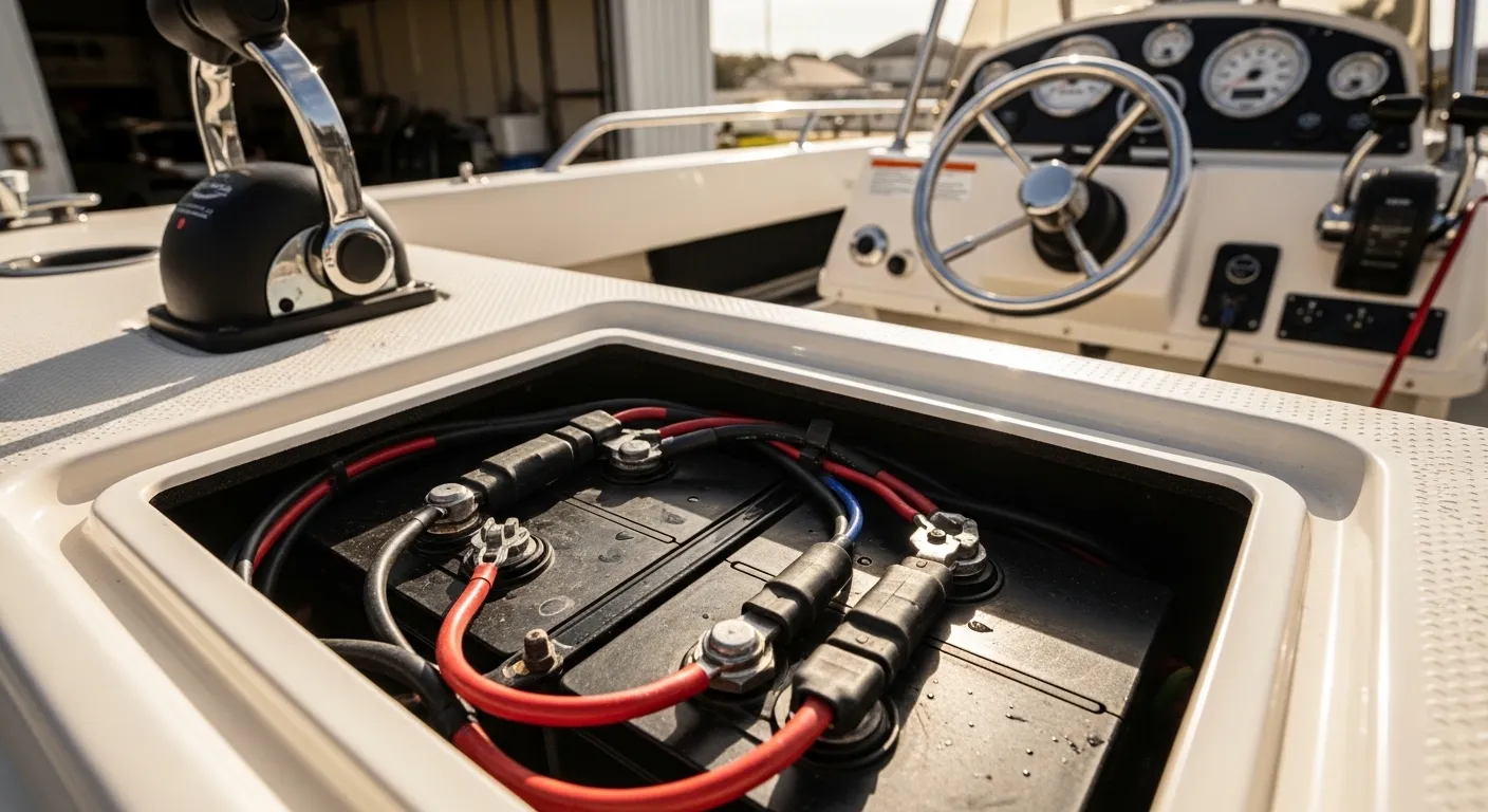 Marine battery compartment with clean terminals and sealed wiring