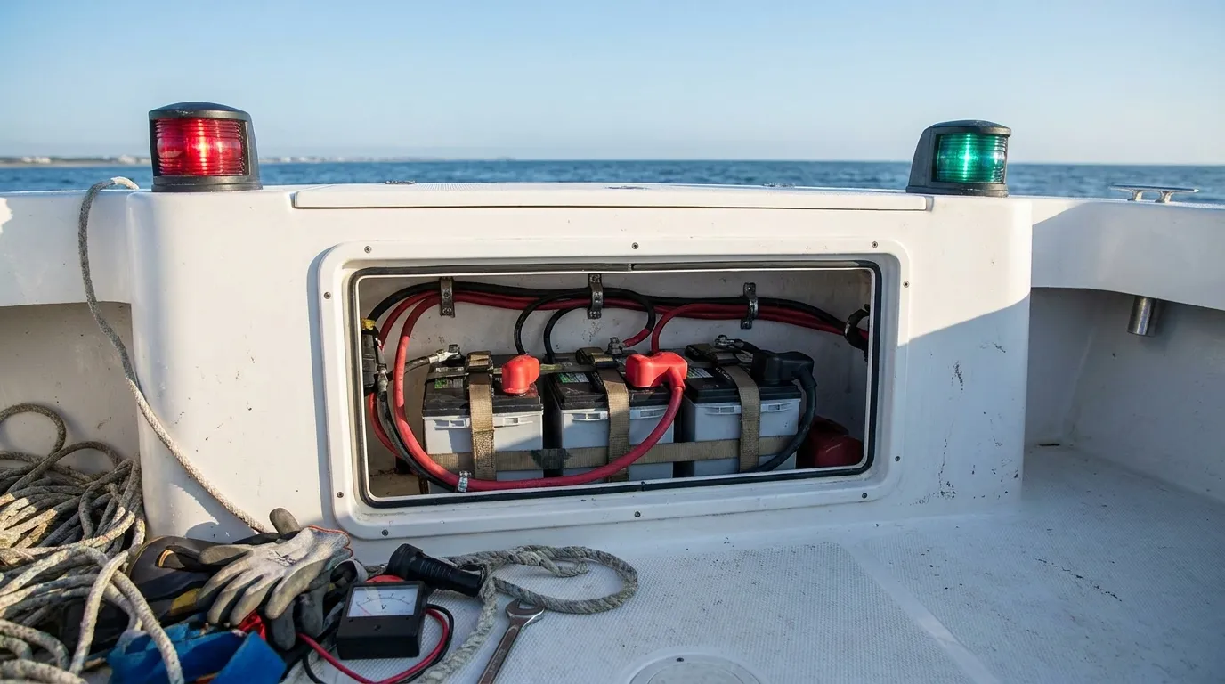 Marine battery terminals cleaned and protected in a boat compartment