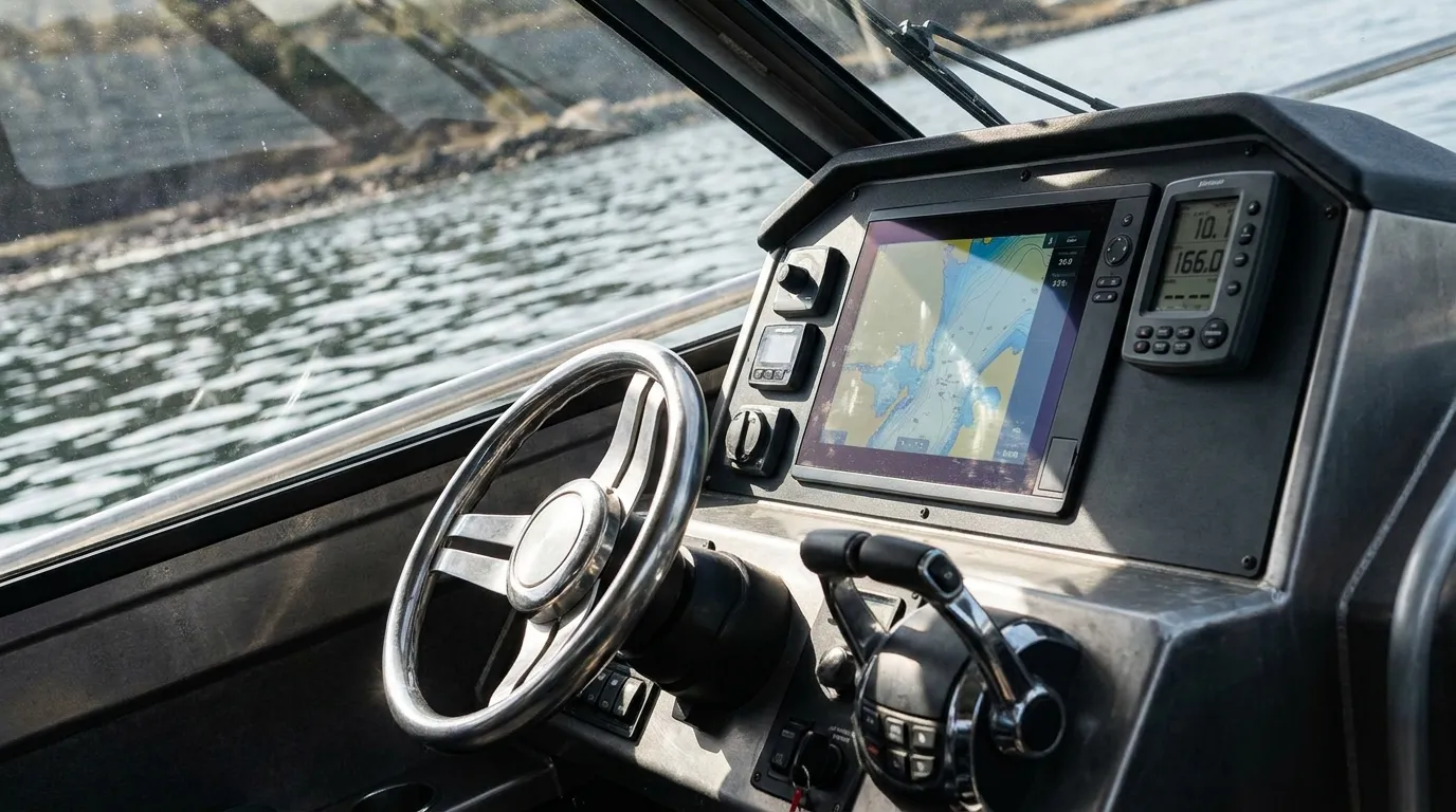 Marine chartplotter installed at a boat helm