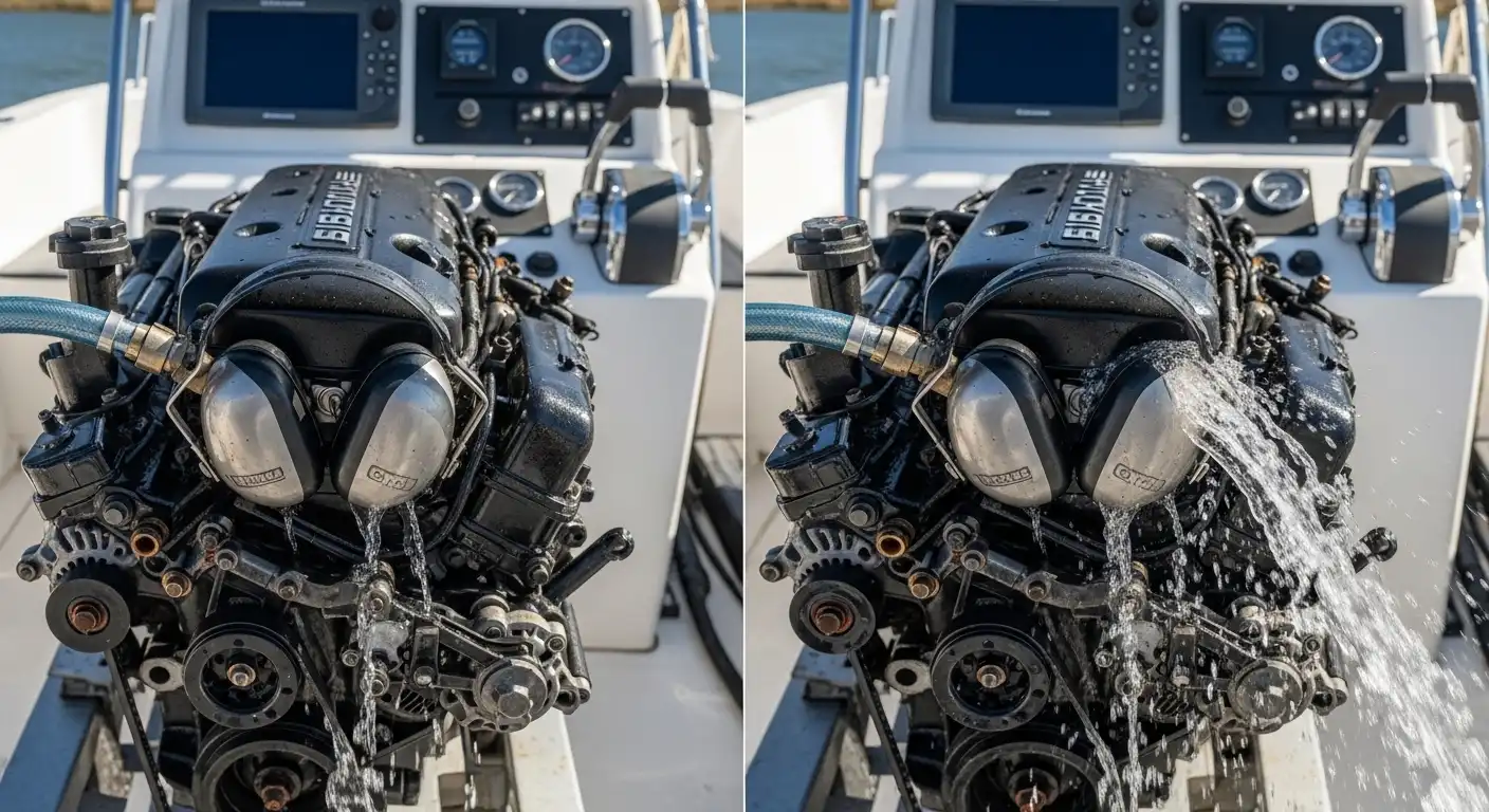 Marine engine flushing setup with hose connected to outboard lower unit