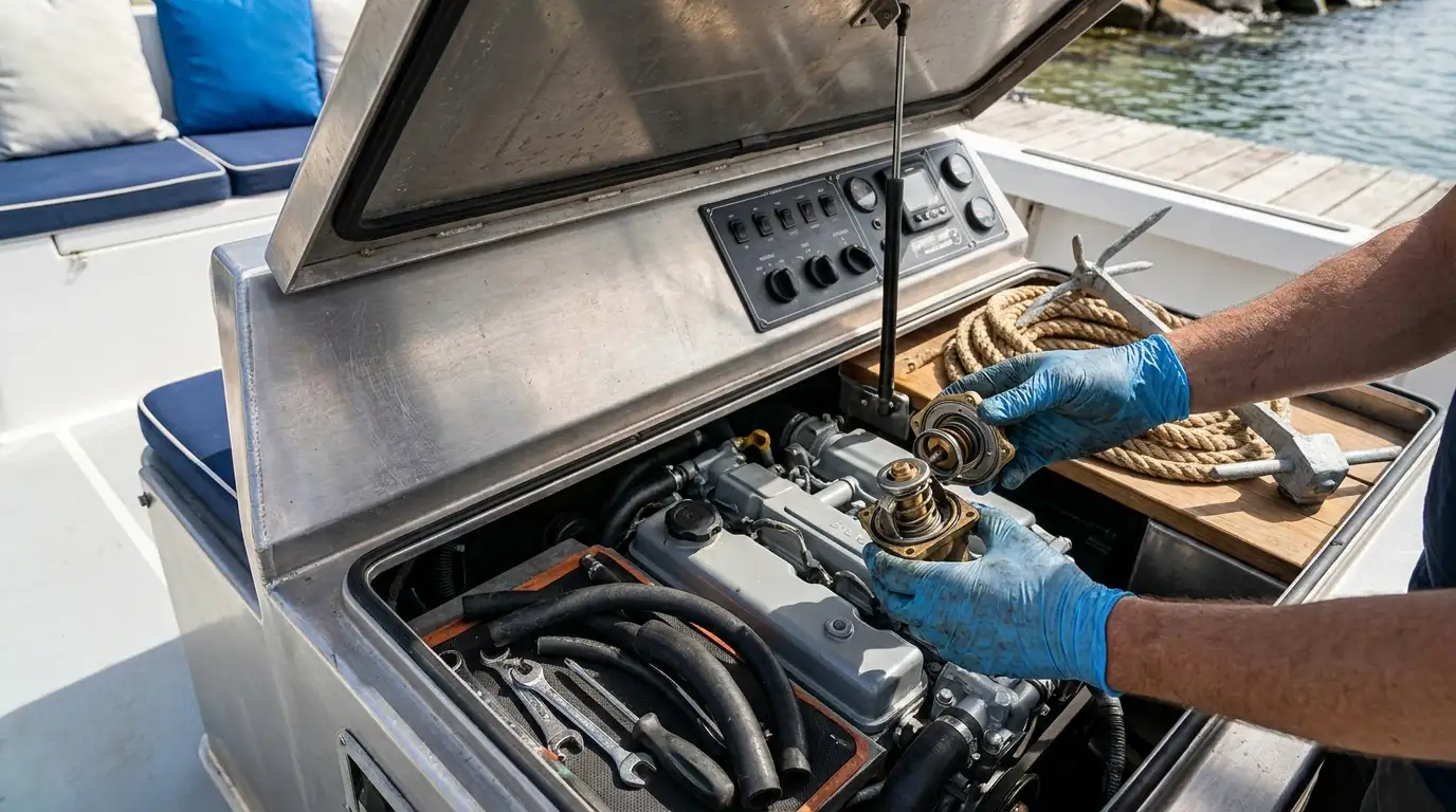 Marine engine thermostat housing close-up