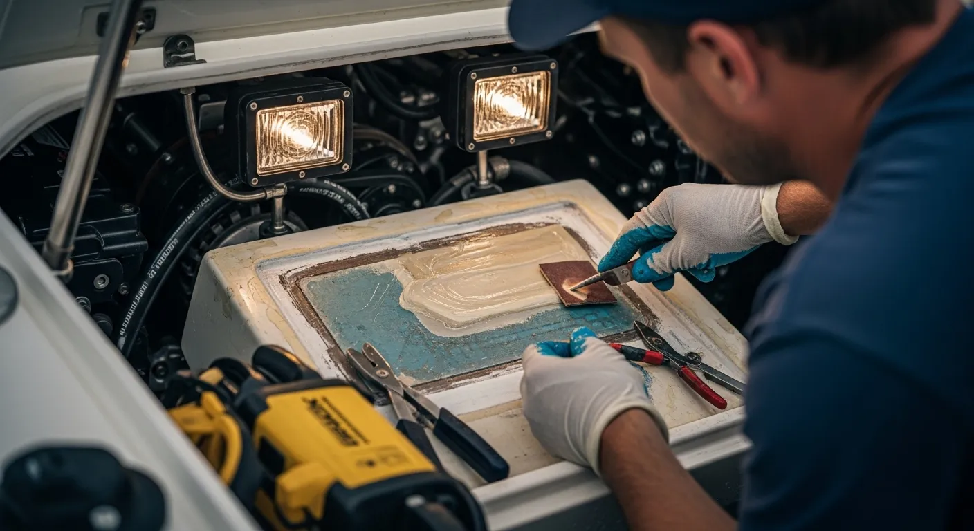 Marine epoxy being applied to a fiberglass boat hull patch