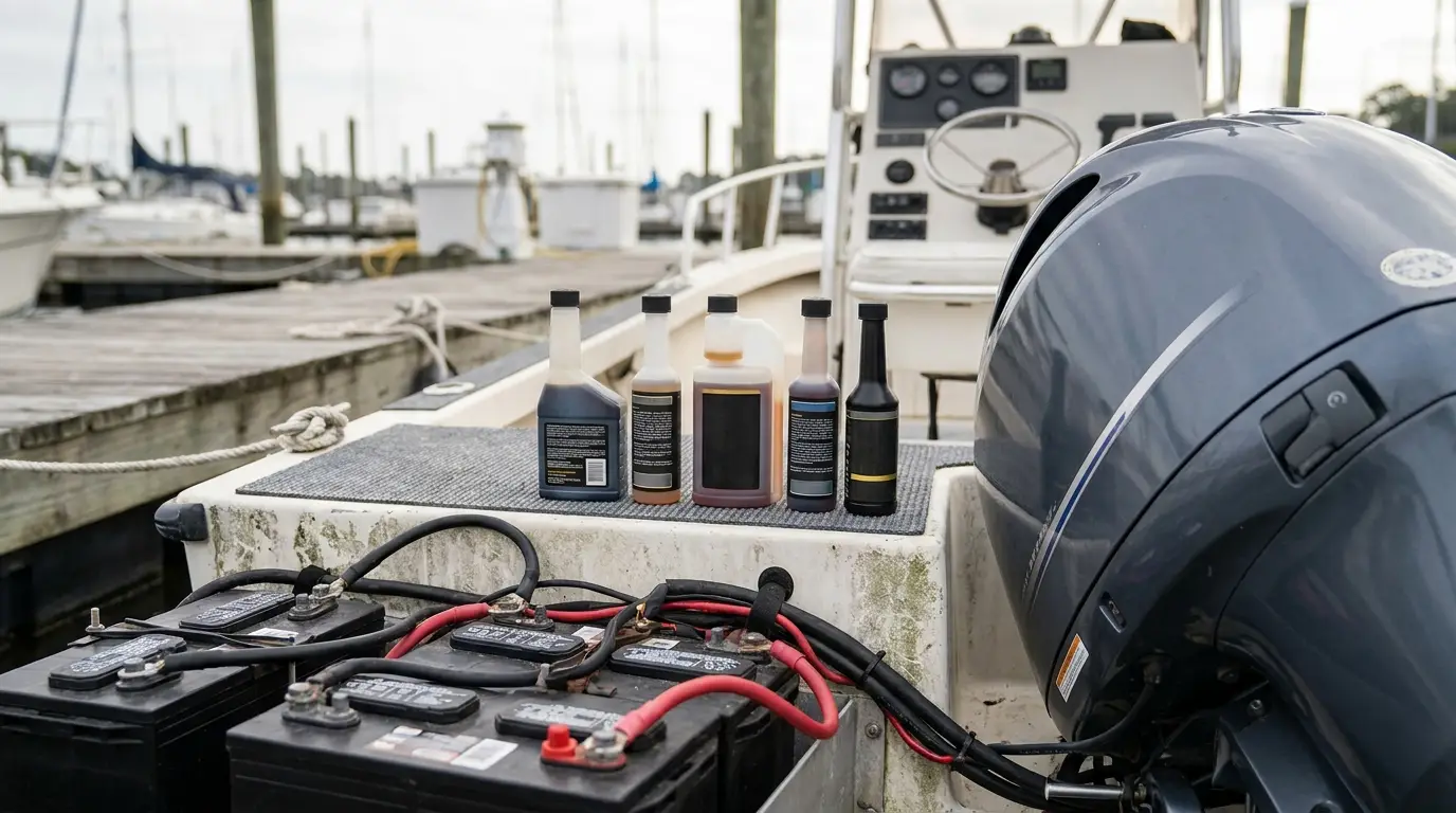 Marine fuel additive bottles arranged on a boat deck near an outboard engine, photorealistic product comparison scene with natural lighting and realistic textures, no text