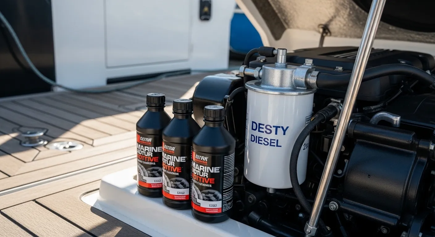 Marine fuel additive bottles beside a diesel fuel filter and open engine hatch