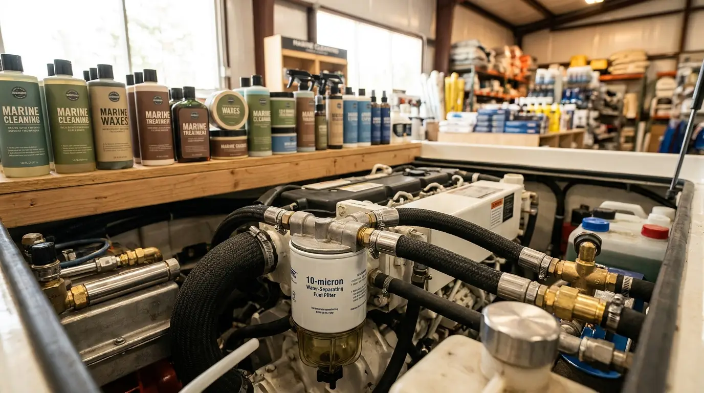 Marine fuel filter and hoses in a clean engine compartment