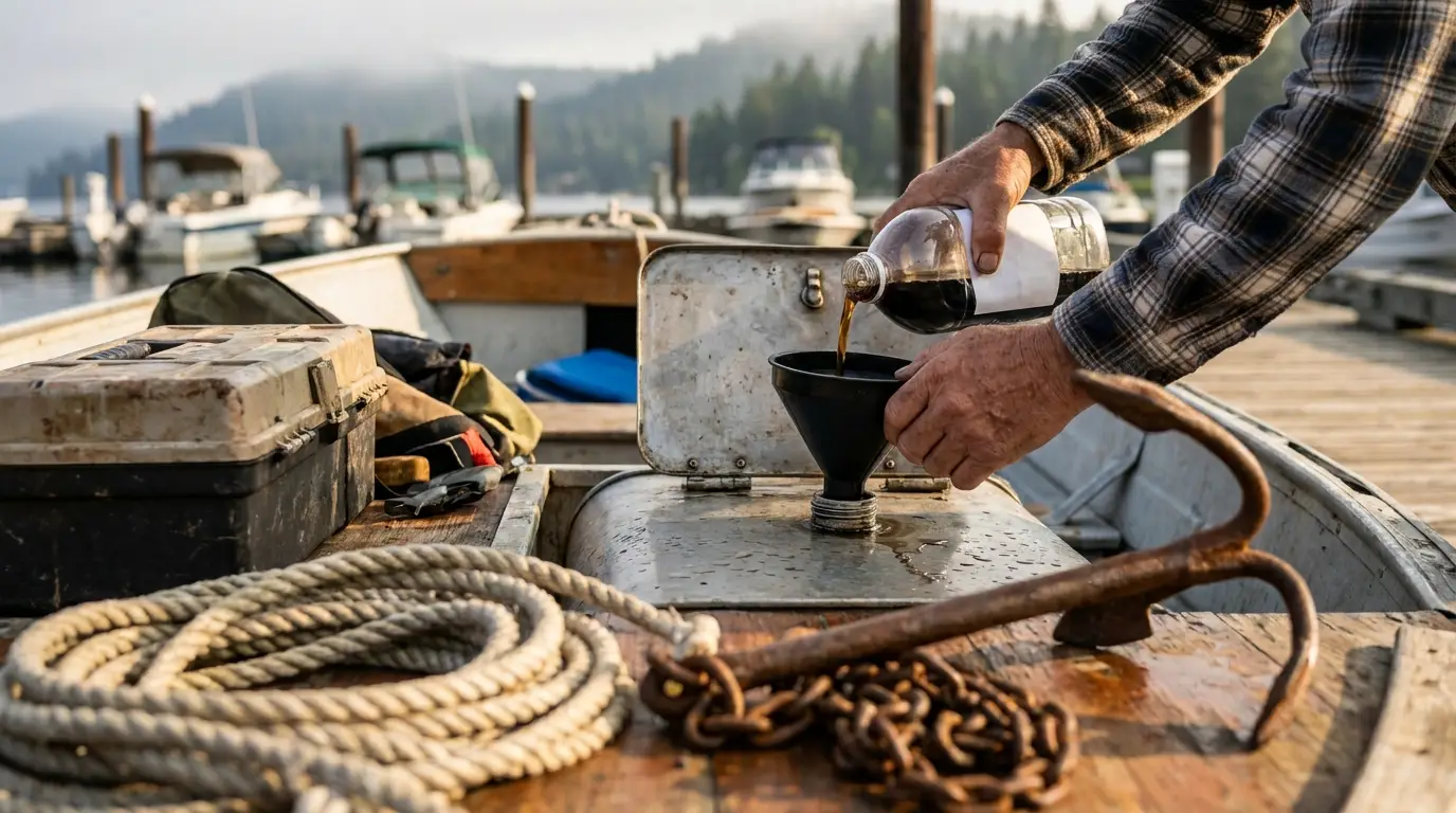 Marine fuel treatment being added to a boat fuel tank