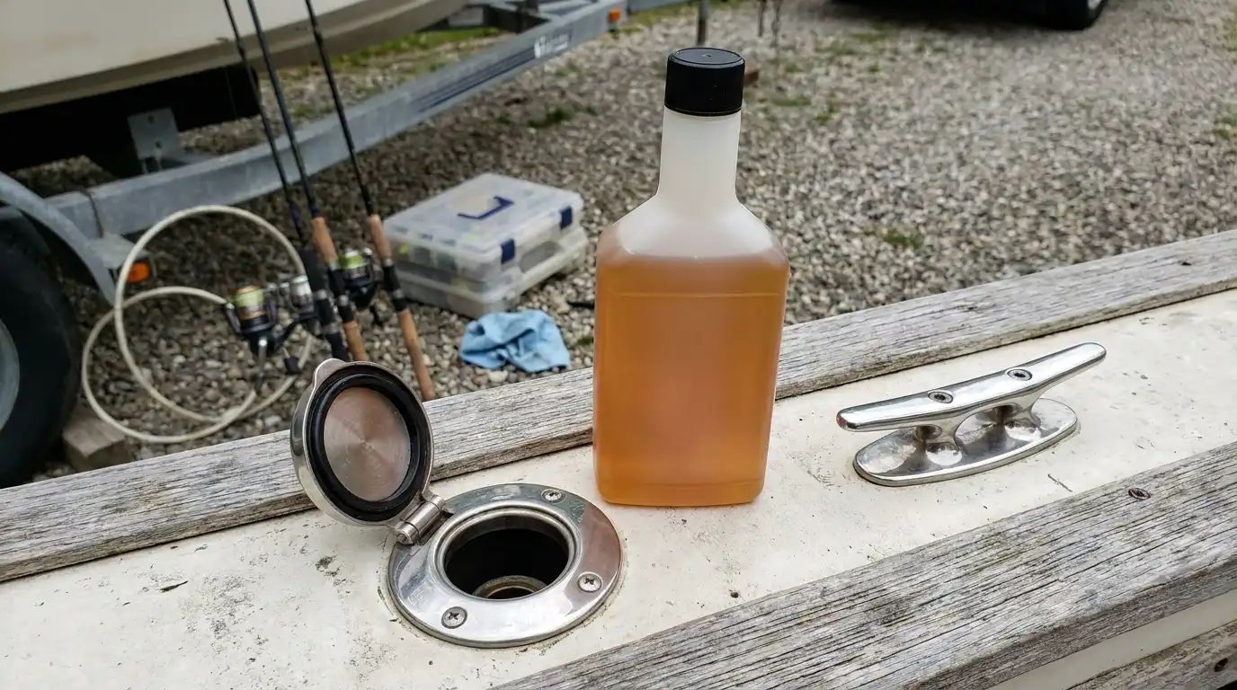 Marine fuel treatment bottle next to boat fuel tank opening