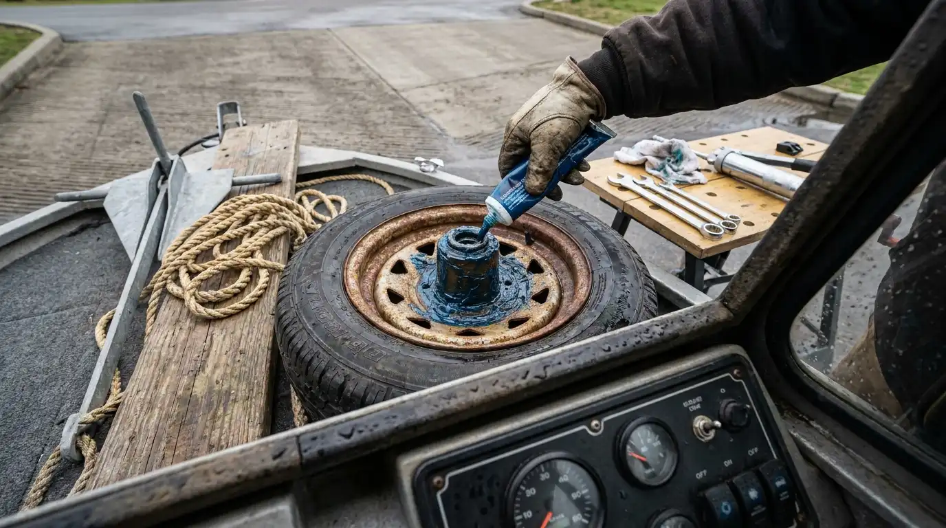 Marine grease being applied to a boat trailer hub