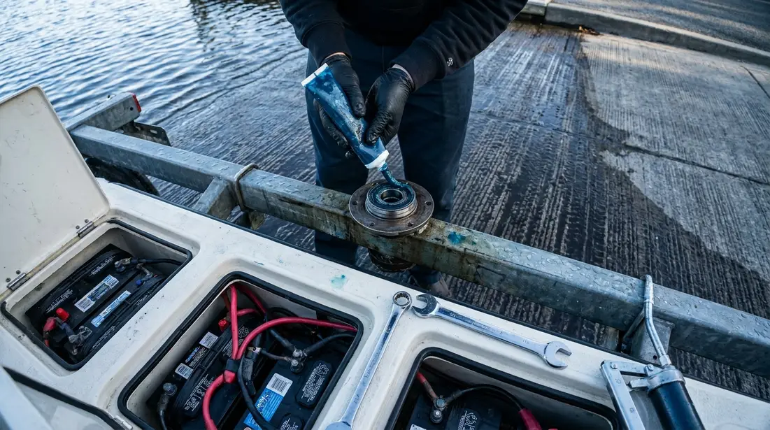 Marine grease being applied to a boat trailer wheel bearing