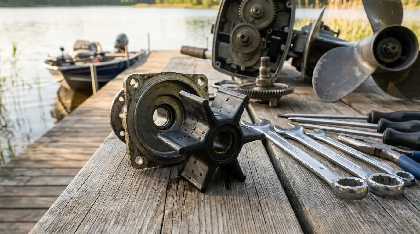 Marine impeller next to pump housing and hand tools