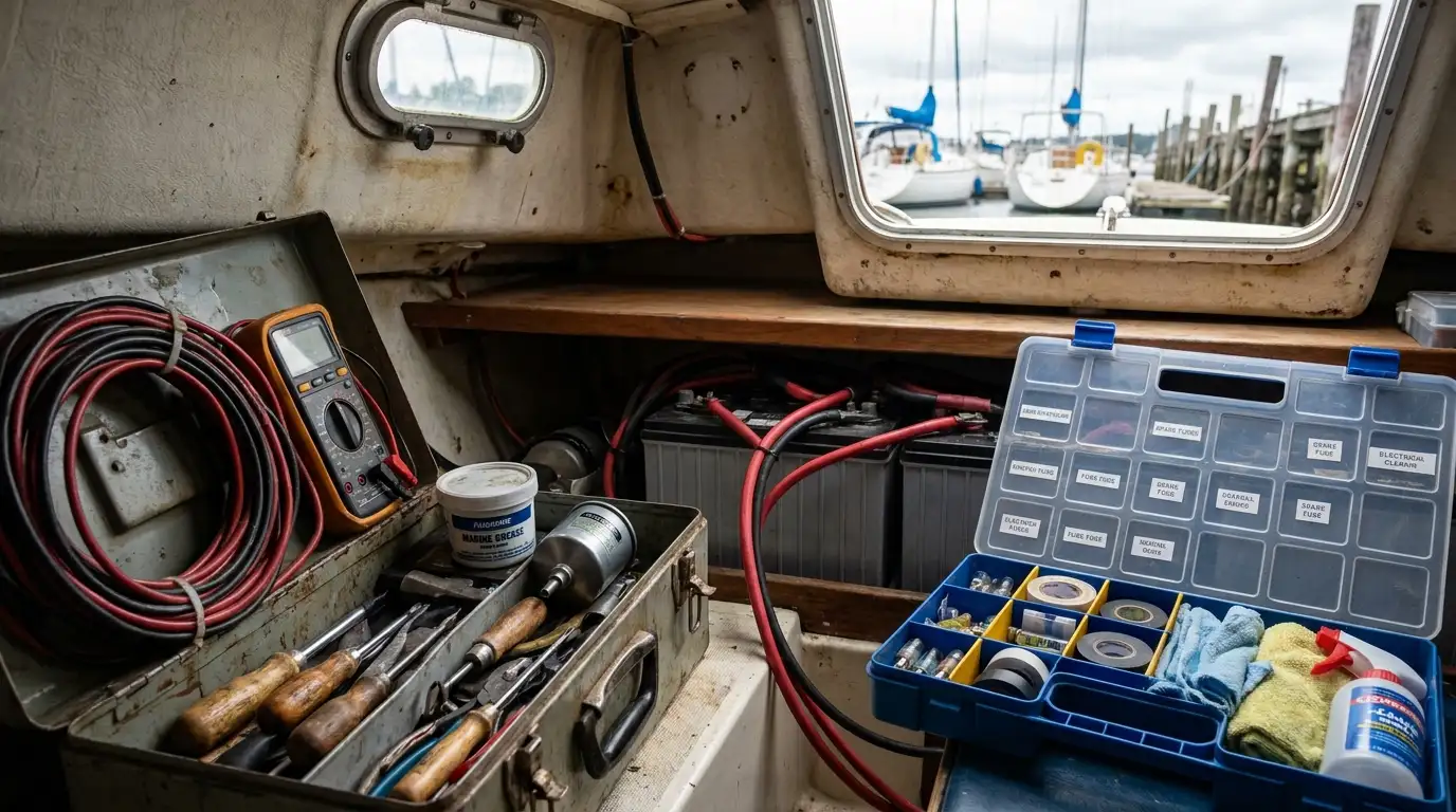 Marine maintenance tools and supplies in a boat storage compartment