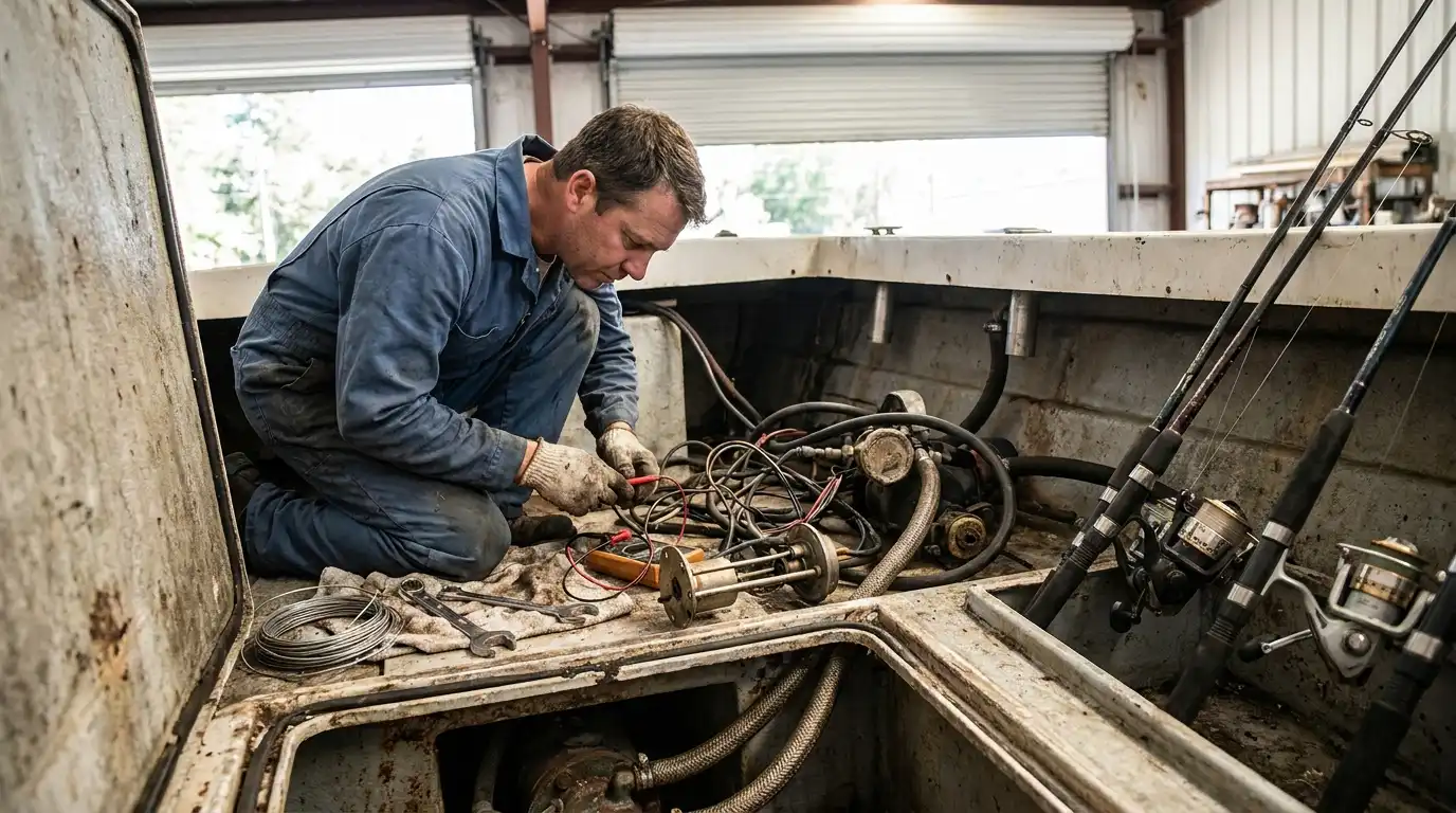 Marine mechanic checking fuel sender wiring in a boat compartment
