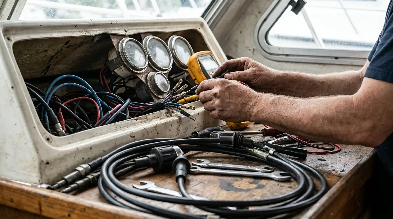 Marine mechanic checking gauge wiring