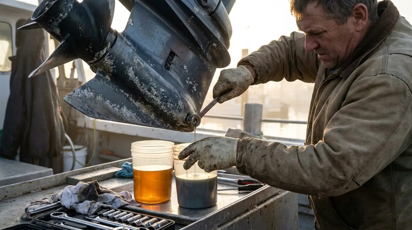 Marine mechanic checking lower unit oil on an outboard motor
