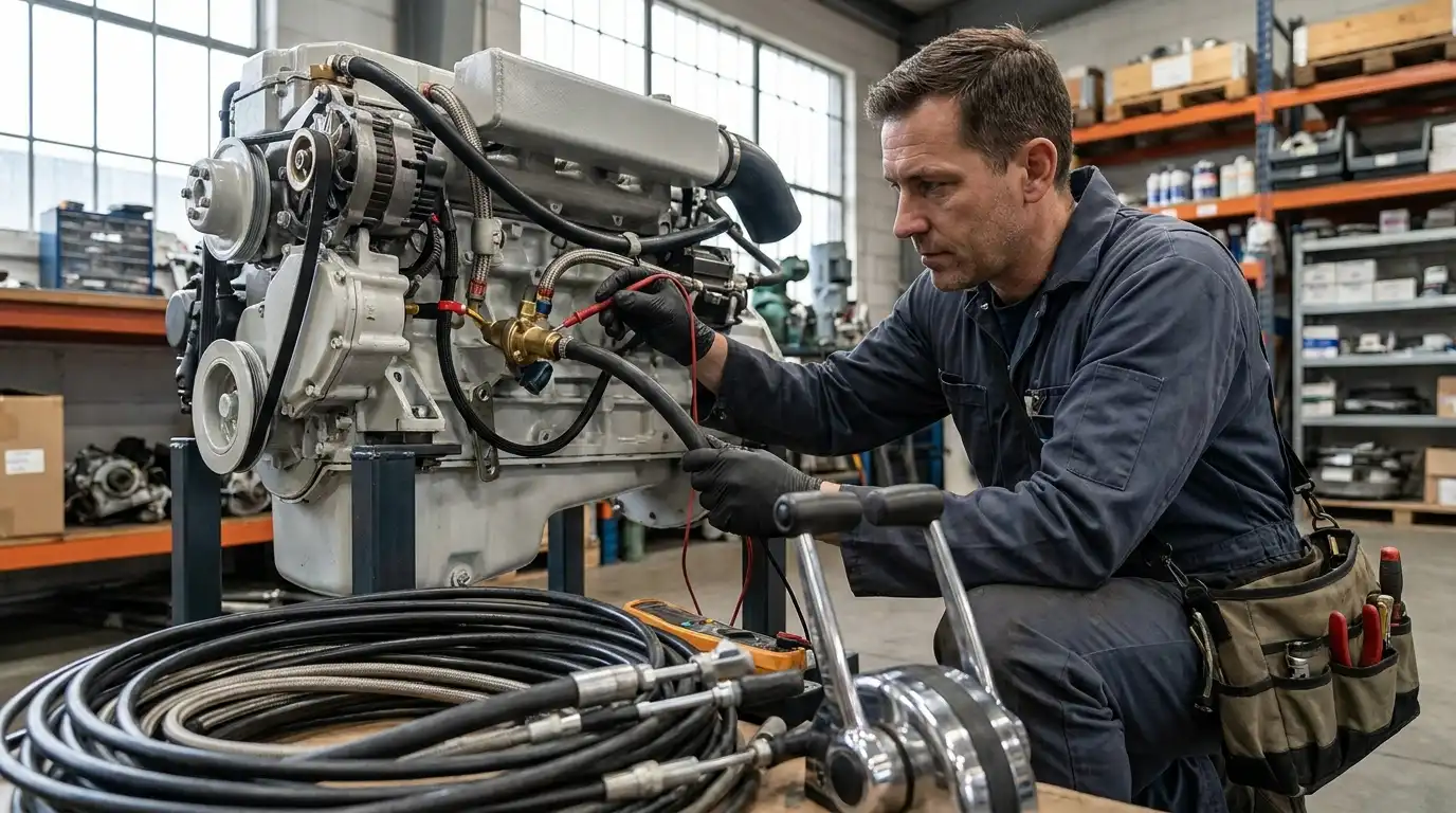 Marine mechanic checking oil pressure sender on inboard engine
