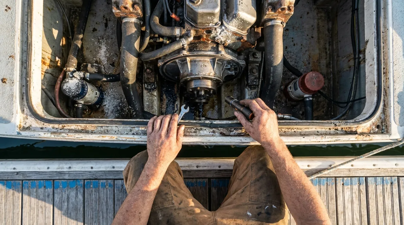 Marine mechanic inspecting a boat motor head gasket area