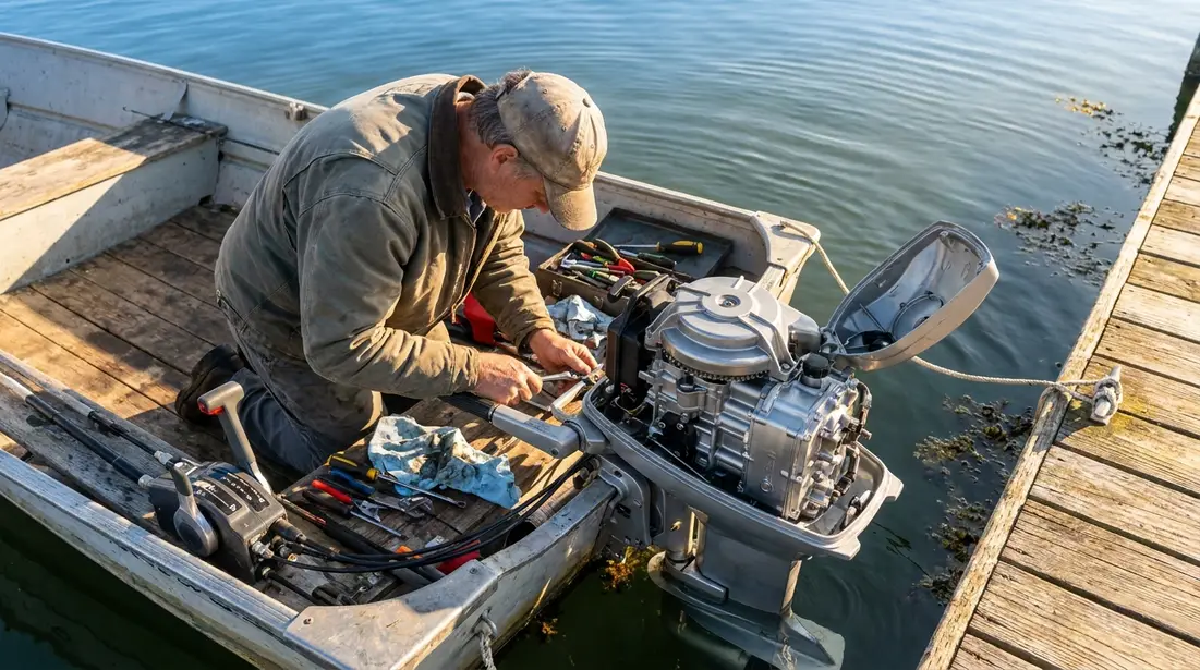 Marine mechanic inspecting an outboard engine