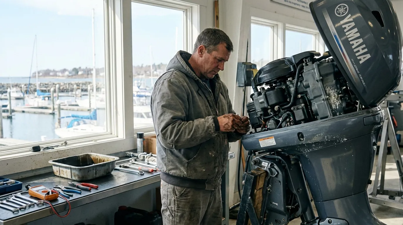 marine mechanic inspecting an outboard engine in a small service bay