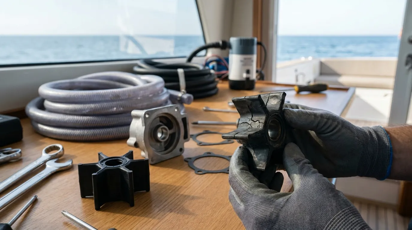 Marine mechanic inspecting an outboard water pump impeller on a workbench