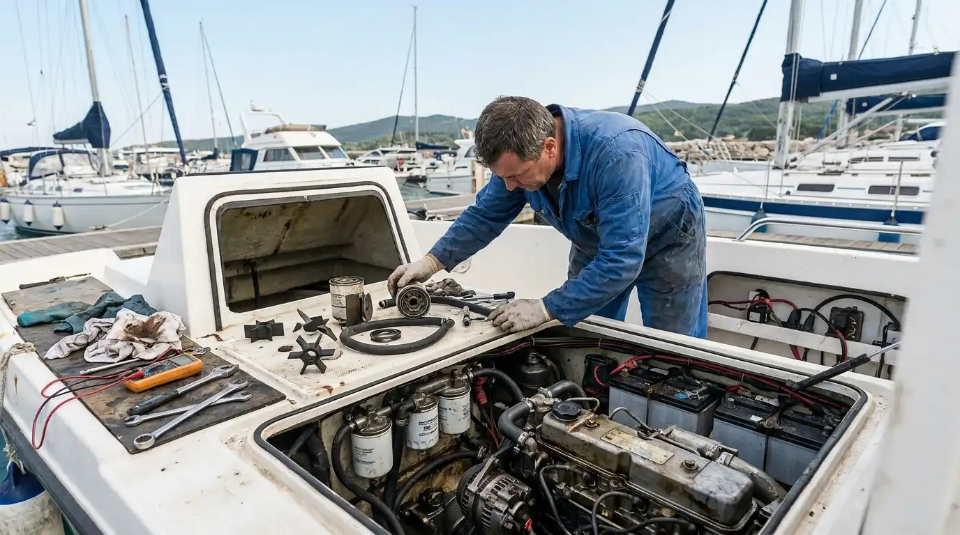 Marine mechanic inspecting modern boat engine parts