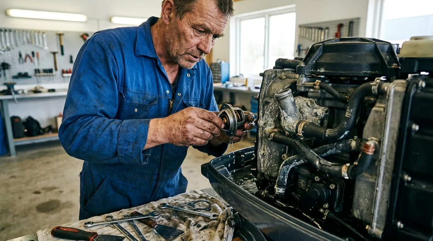 Marine mechanic inspecting thermostat and cooling passages on an outboard