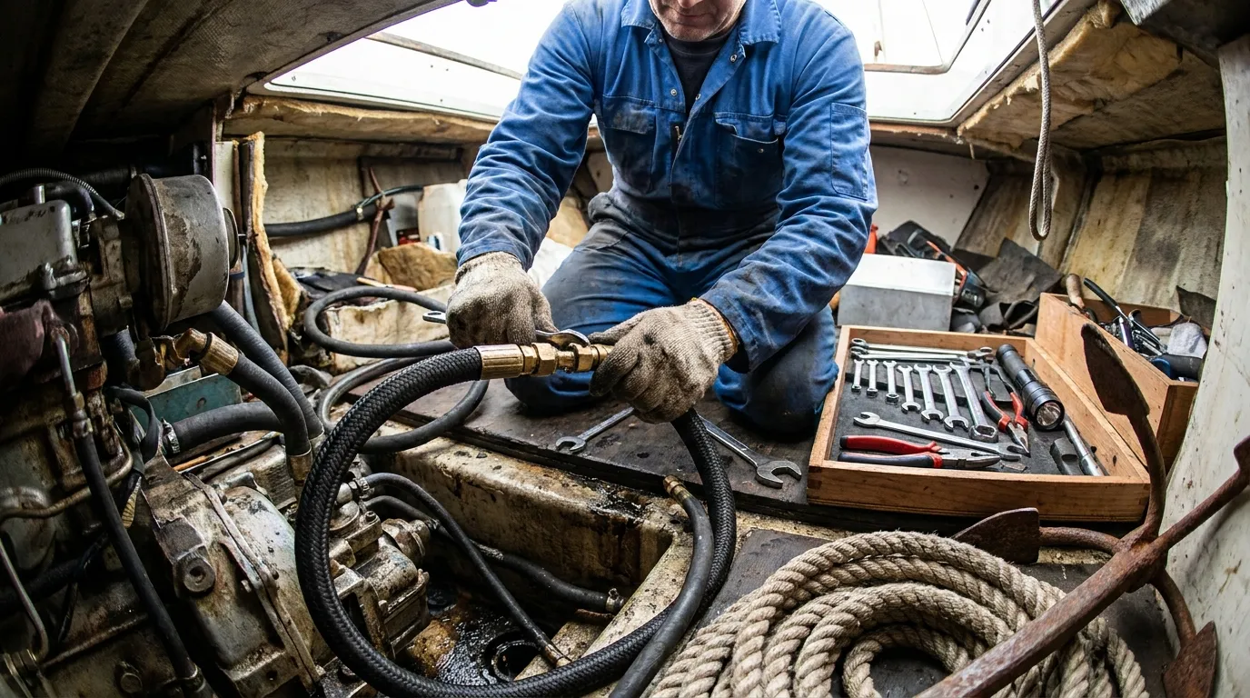 Marine mechanic replacing boat steering hose