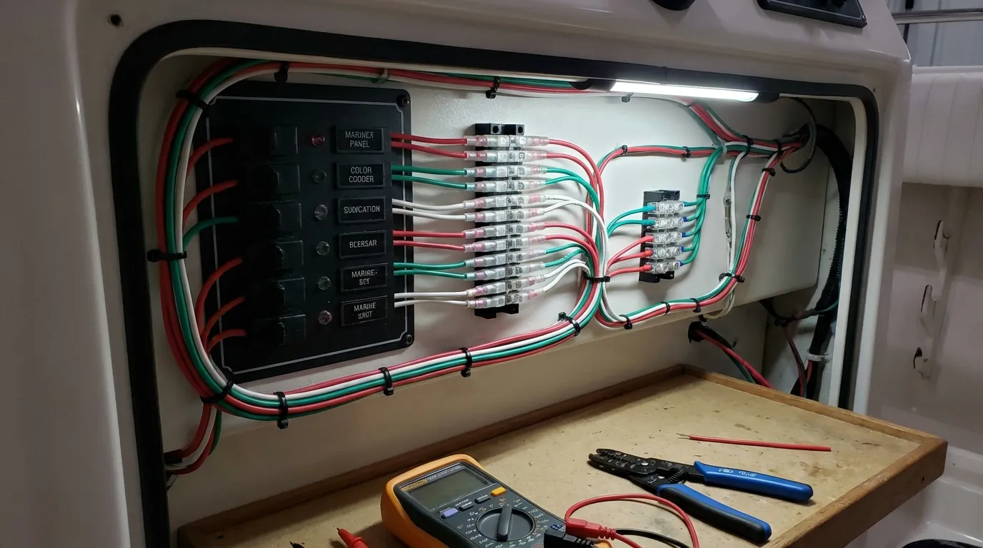 Marine navigation light wiring close-up