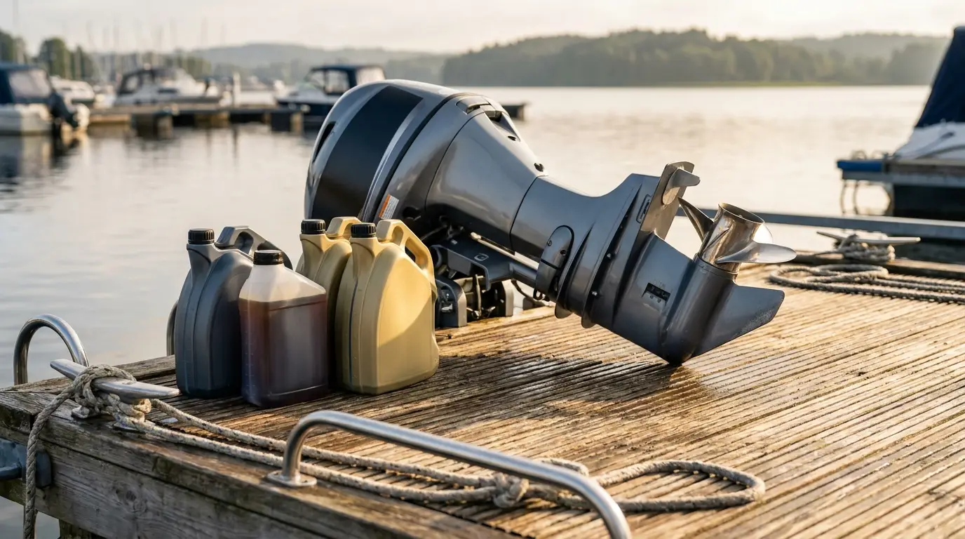 Marine oil bottles beside an outboard engine