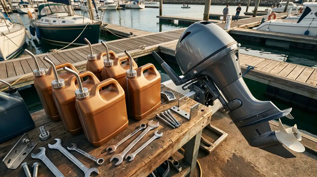 Marine oil bottles beside an outboard motor