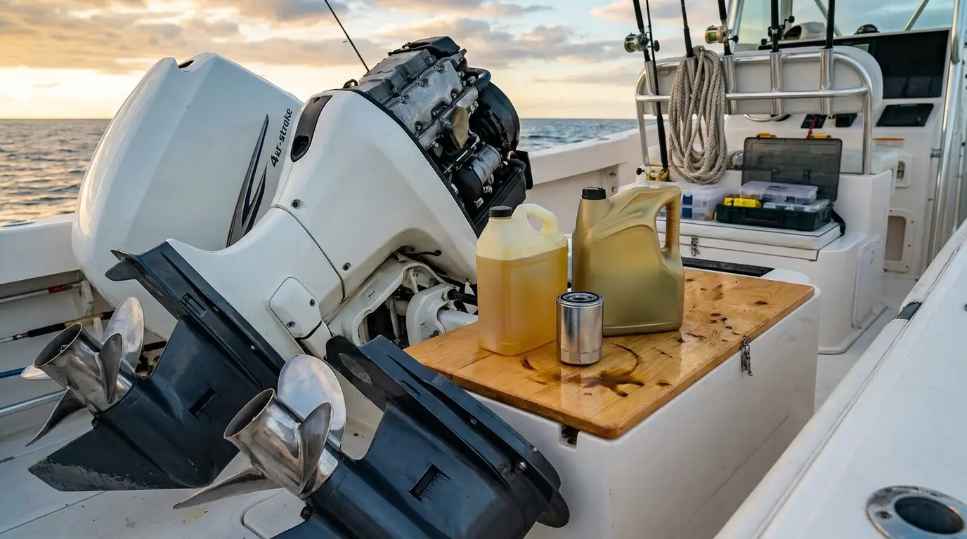 Marine oil bottles beside open outboard cowl