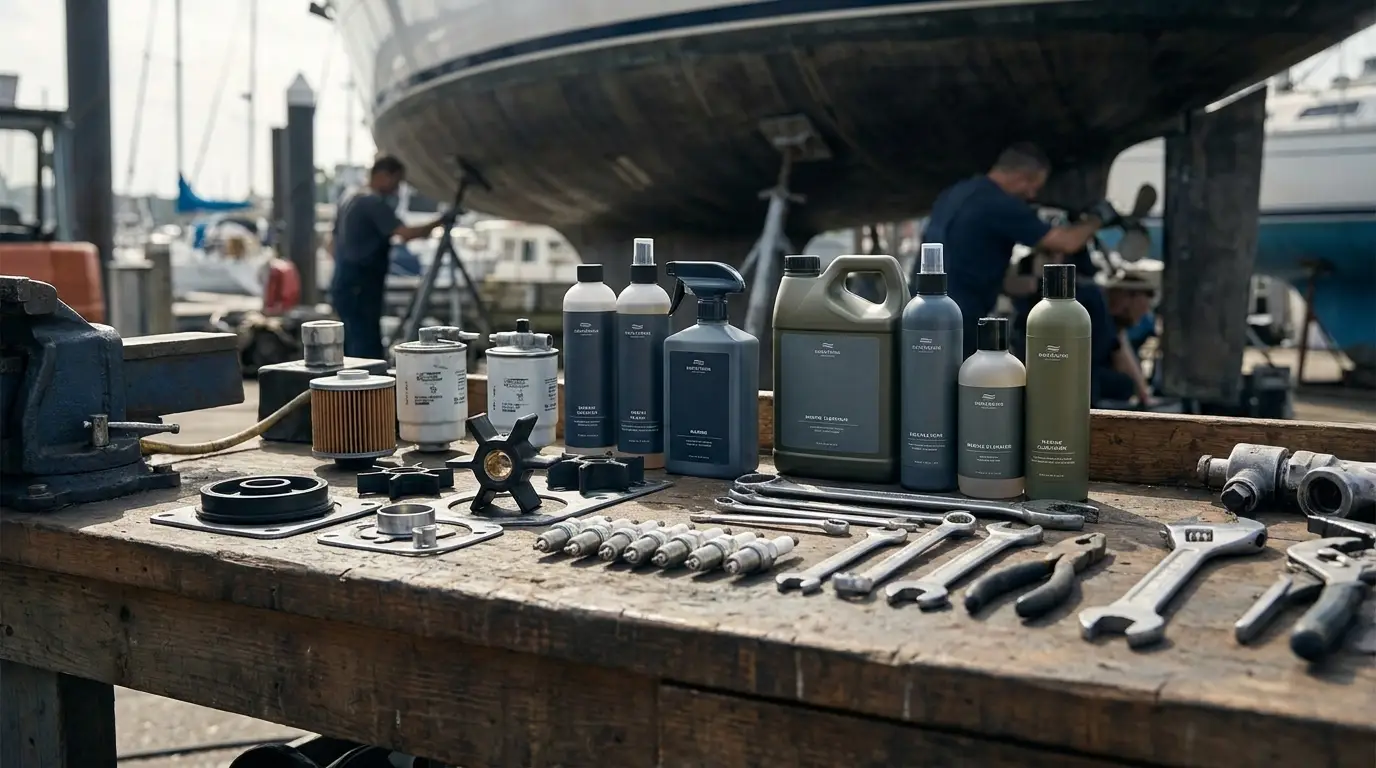 Marine outboard service parts on workbench