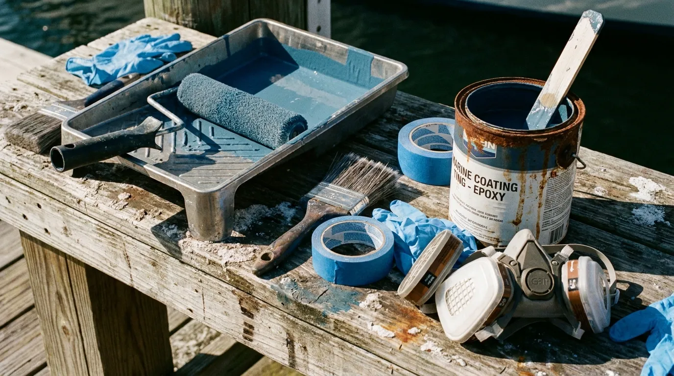 Marine paint tray, rollers, brushes, tape, and safety gear