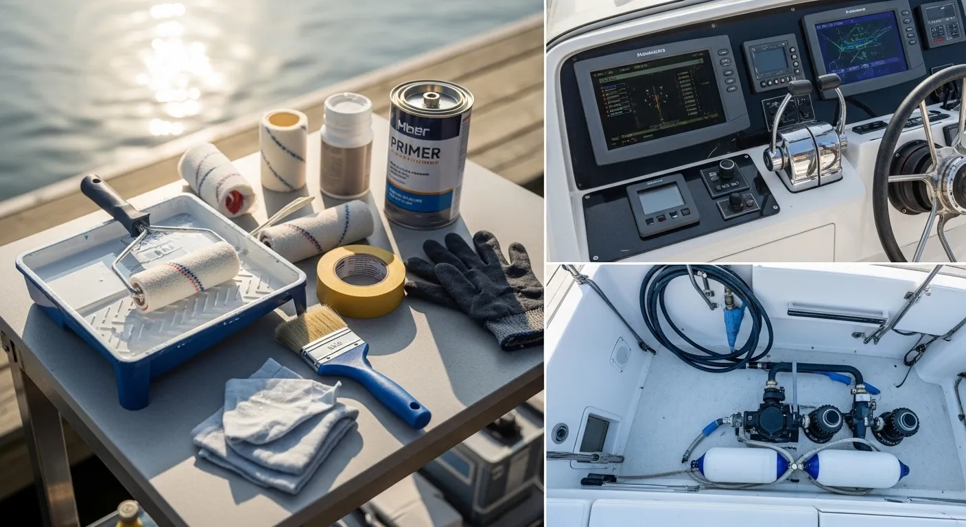Marine paint tray with rollers, brush, tape, and primer on dock workbench