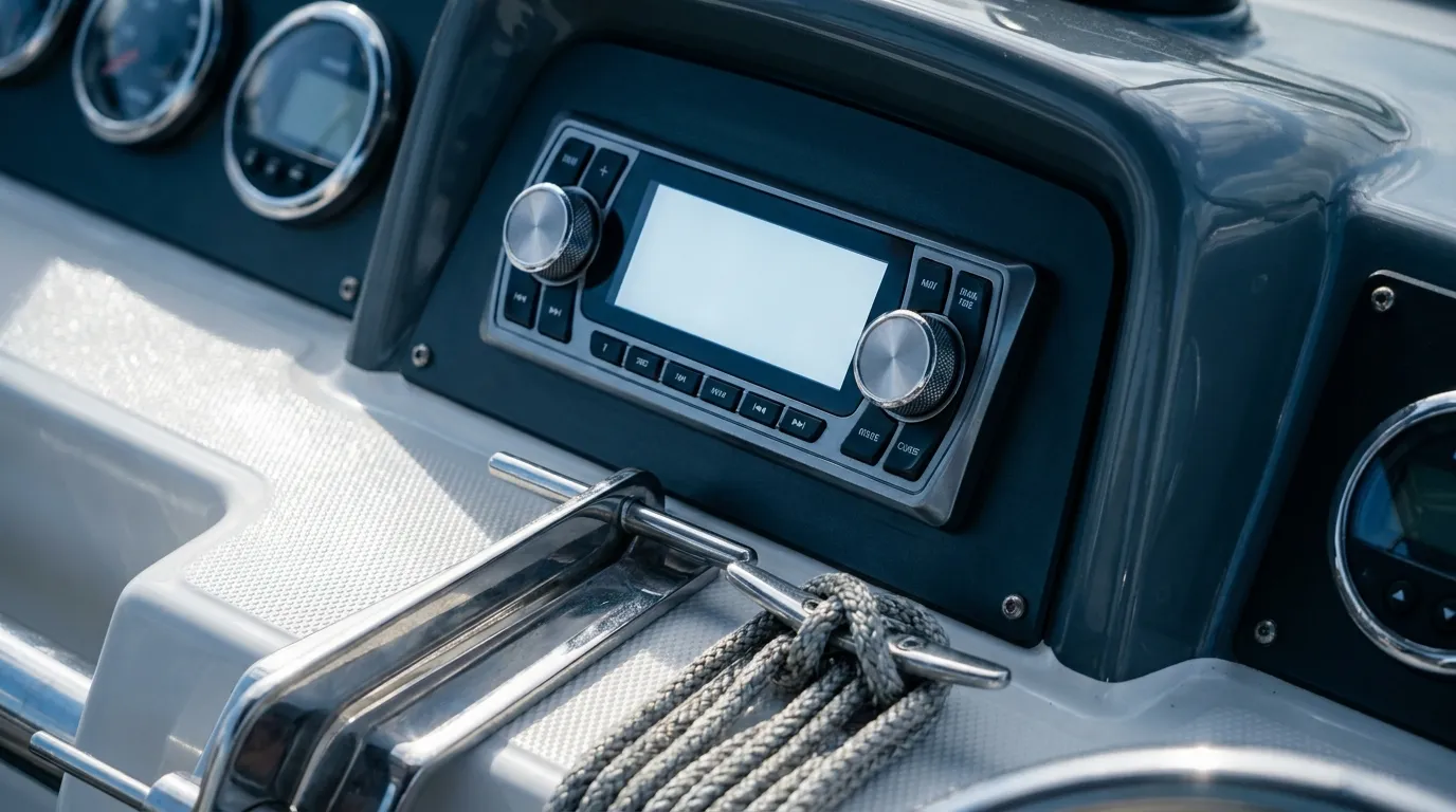 Marine stereo installed at a boat helm