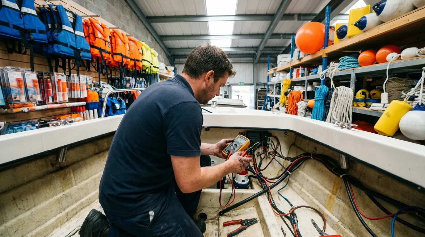 Marine technician checking bilge pump wiring